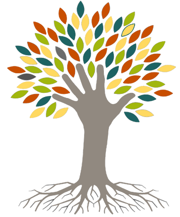 Program mark: a tree whose trunk and branches are a human hand and forearm, carrying leaves in green, teal, amber, and terracotta.