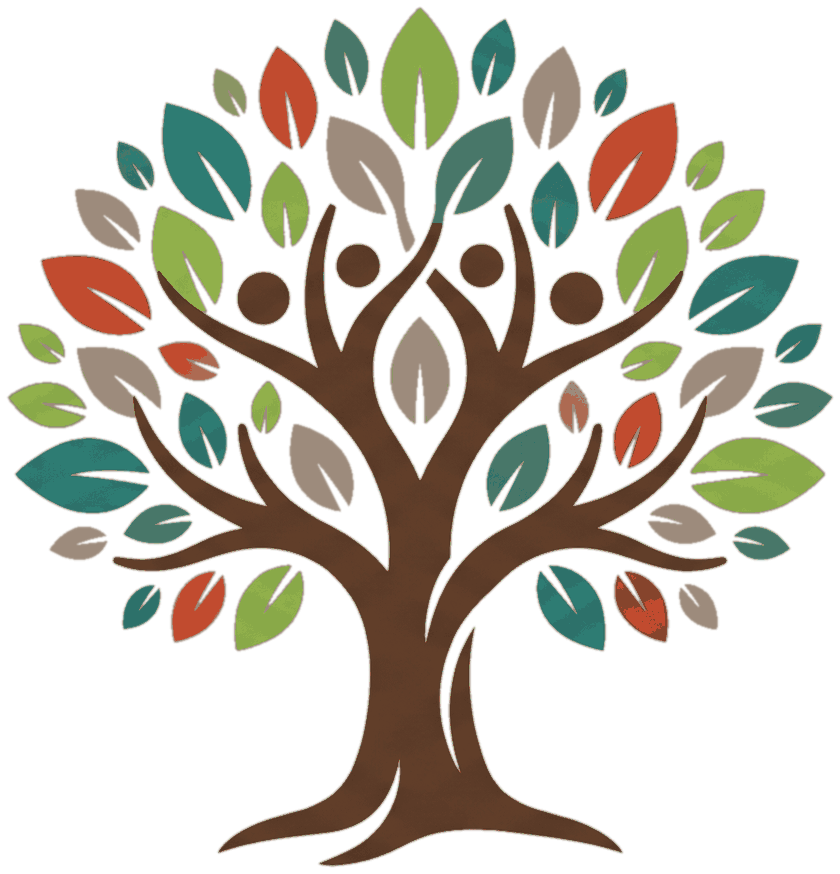 A tree with a warm brown trunk whose upper branches rise into four figures standing together, carrying a canopy of leaves in green, teal, terracotta, and taupe.
